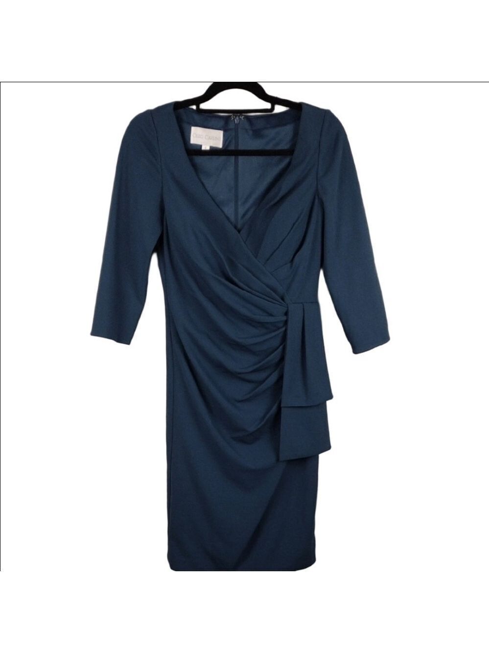Oleg Cassini Peacock Blue V-Neck Ruched Cross Bodice 3/4 Sleeve Above Knee Dress